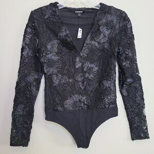 NEW Express Ribbon applique and lace bodysuit top XS Black Cocktail Party V Neck